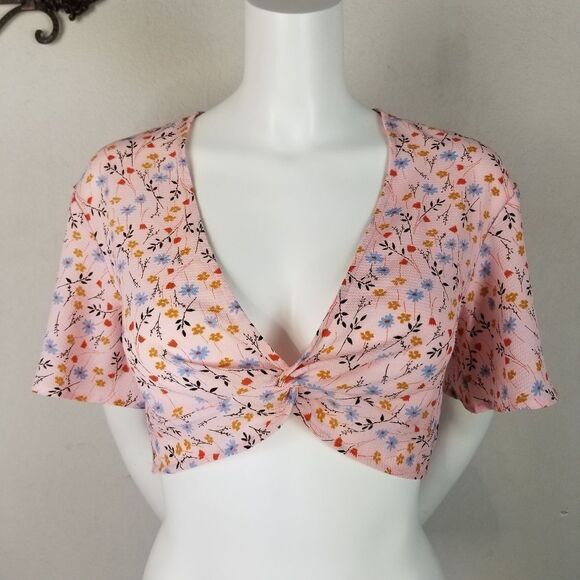 H&M Peach Floral Print Twist Front Crop Top - Picture 1 of 7